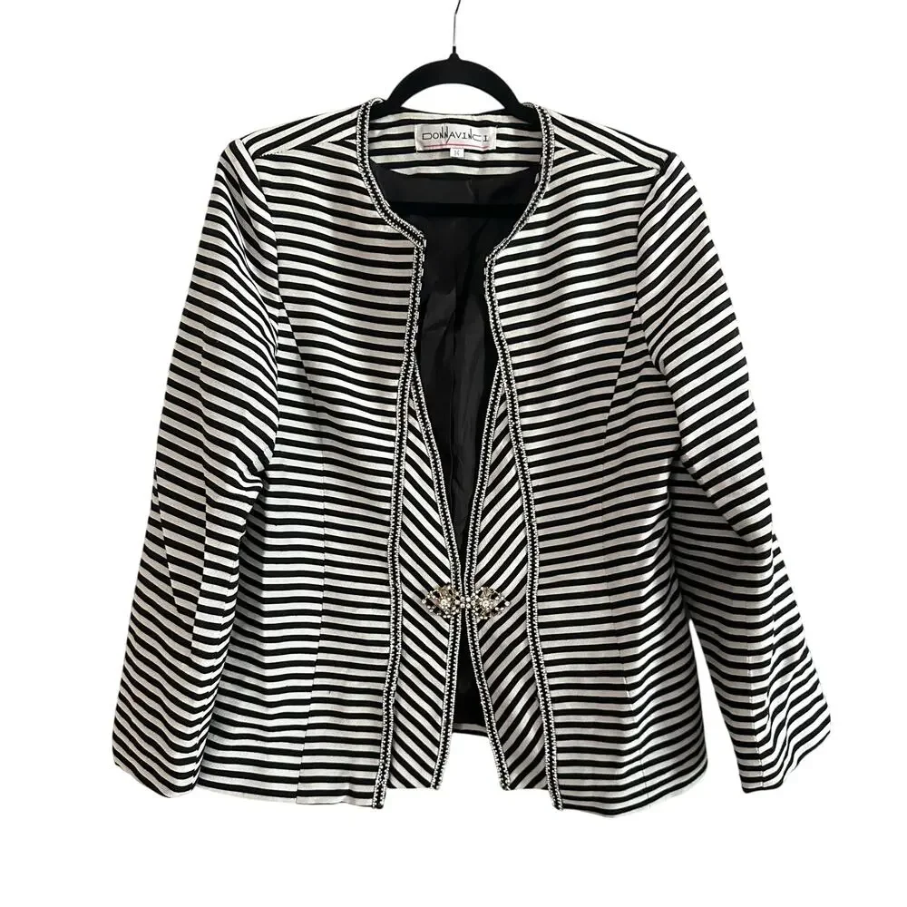 DONNA VINCI Black White Striped Church Suit Skirt Jacket Set Rhinestone Trim 14 - Picture 2 of 10